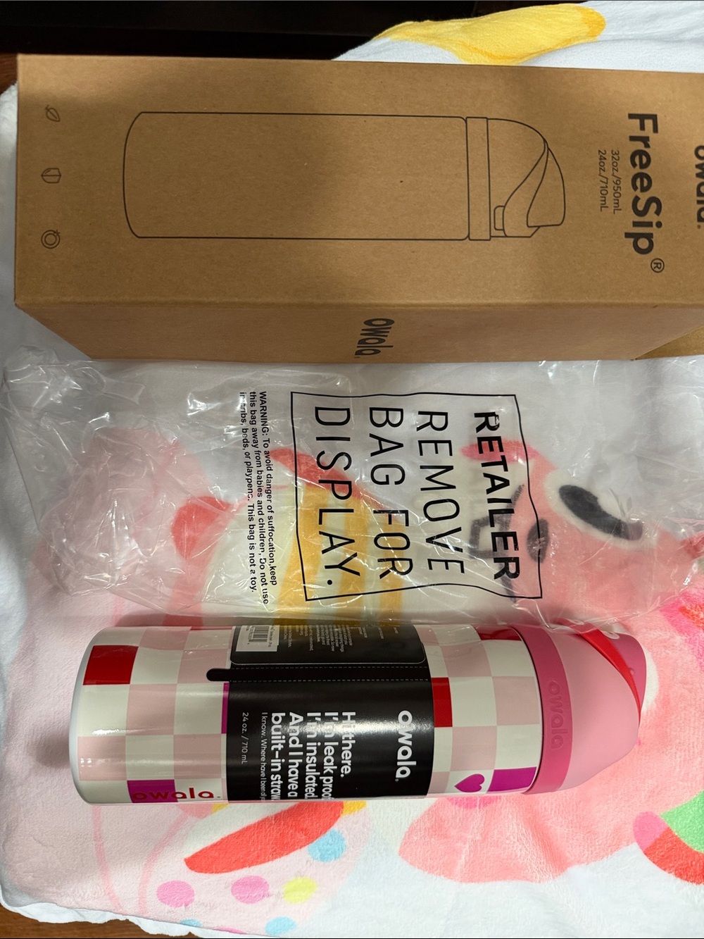 Owala FreeSip Pink Checkered Bottle with Heart Accents